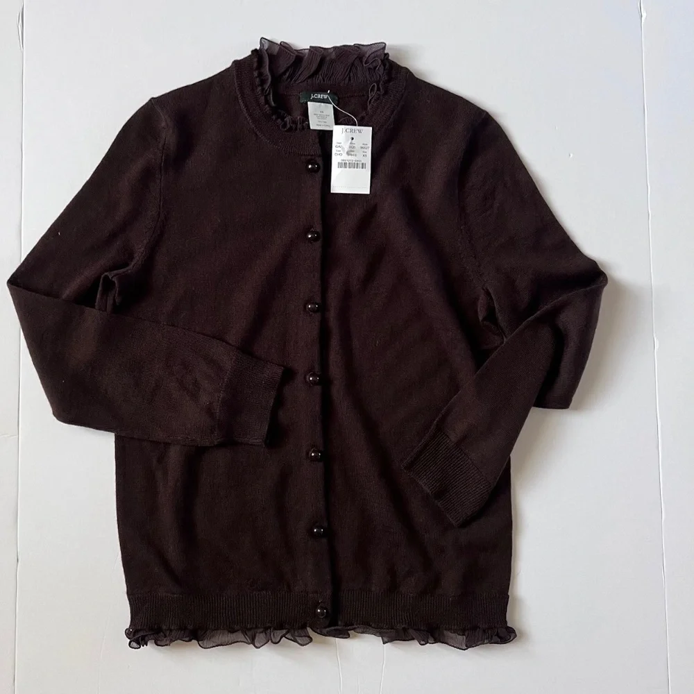 NWT J. Crew classic merino wool crewneck cardigan with ruffles size XS - Picture 1 of 3